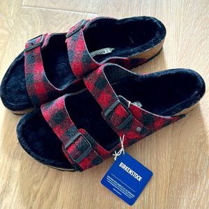 NWOT Birkenstock Sandals Shearling Plaid